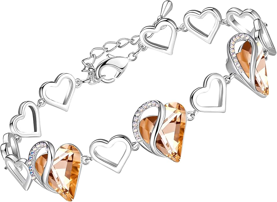 Leafael Infinity Love Heart Link Bracelets, Birthstone or Healing Stone Crystal Bracelet for Women, Silver Tone Jewelry Gifts for Her, 7-inch Chain and 2-inch Extender