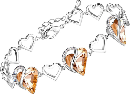 Leafael Infinity Love Heart Link Bracelets, Birthstone or Healing Stone Crystal Bracelet for Women, Silver Tone Jewelry Gifts for Her, 7-inch Chain and 2-inch Extender