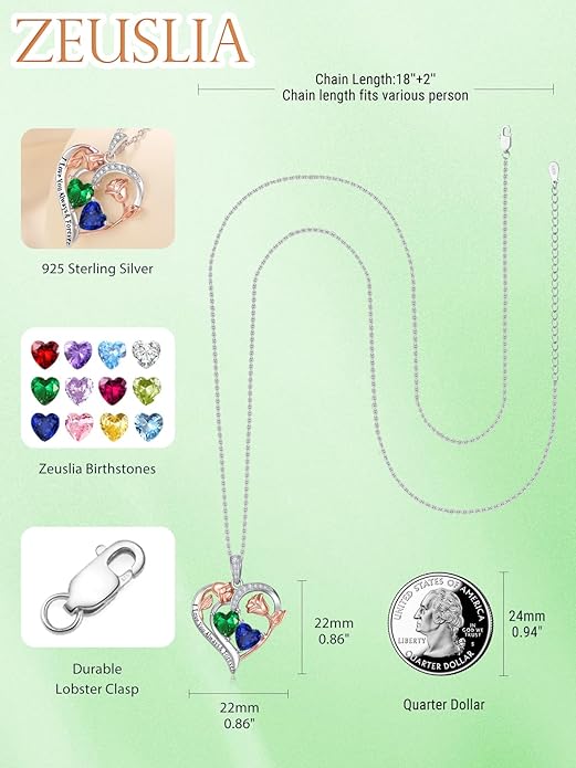 Zeuslia Double Birthstone Necklace Gifts for Wife - 925 Sterling Silver Sunflower/Rose/Crown Cross/Compass/Heart Pendant I Love You Necklace, Anniversary Birthday Gifts for Wife Girlfriend Mom Her