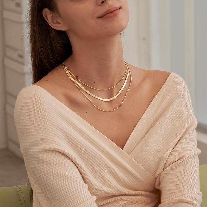 CHESKY 14K Gold/Silver Plated Snake Chain Necklace Herringbone Necklace Gold Choker Necklaces for Women Gifts Jewelry 1.5/3/5MM(W) 14"/16"(L)