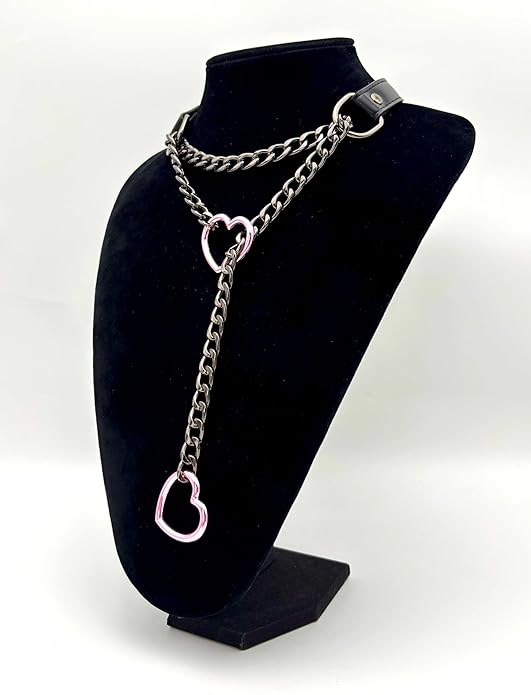 Black Leather Choker Collar For Women, Handmade Heart Slip Chain Choker Long Necklace with Adjustable Buckle