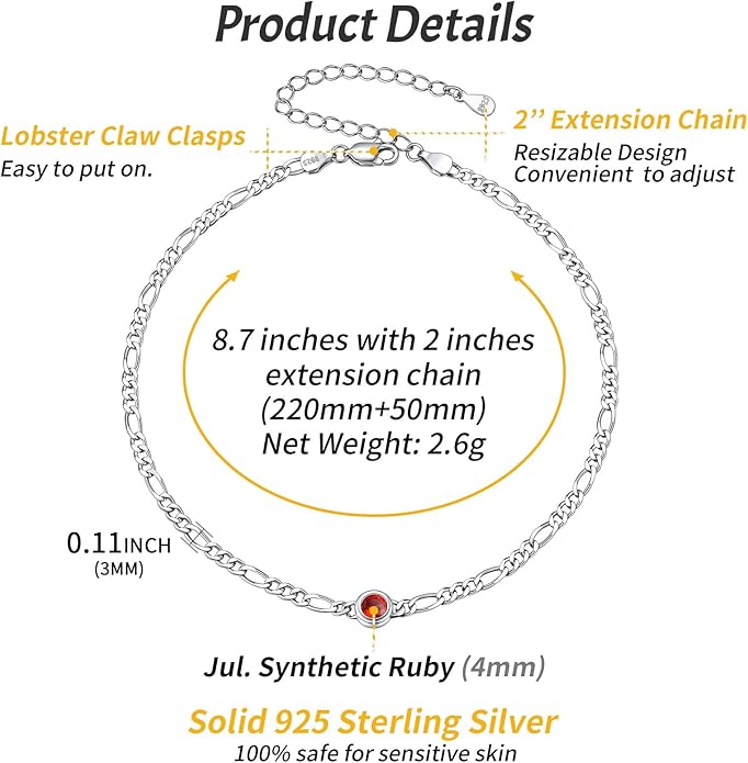 ChicSilver Sterling Silver Anklets Bracelets for Women, Figaro Chain Heart/Round Birthstone Anklet for Women Waterproof, Dainty Herringbone Ankle Bracelet Summer Beach jewelry