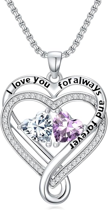 I Love You for Awlays and Forever Double Heart Necklace with Birthstone, 2 Birth Stone Jewelry Anniversary Valentines Mothers Day Christmas Birthday Gifts for Women Her Wife Girlfriend Mom Mother