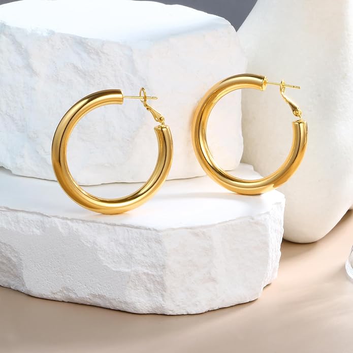 8YEARS Chunky Gold Hoop Earring for Women, 18K Gold Plated Lightweight Thick Hoops, Hypoallergenic Trendy Jewelry for Gift