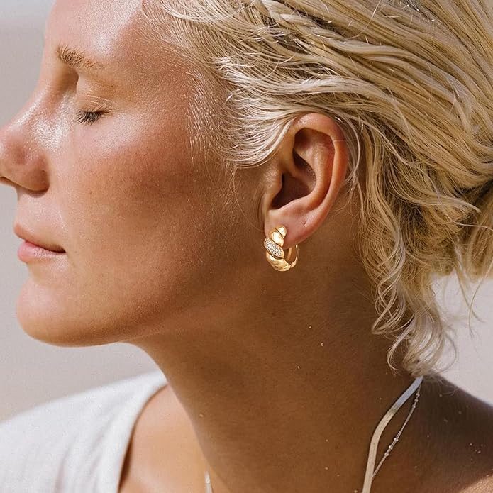 Gold Huggie Hoop Earrings 14K Gold Plated Dainty Chunky Thick Hoop Diamond Cubic Zriconia Inlay Sleeper Tiny Delicate Boho Beach Simple Hypoallergenic Jewelry Gift for Her