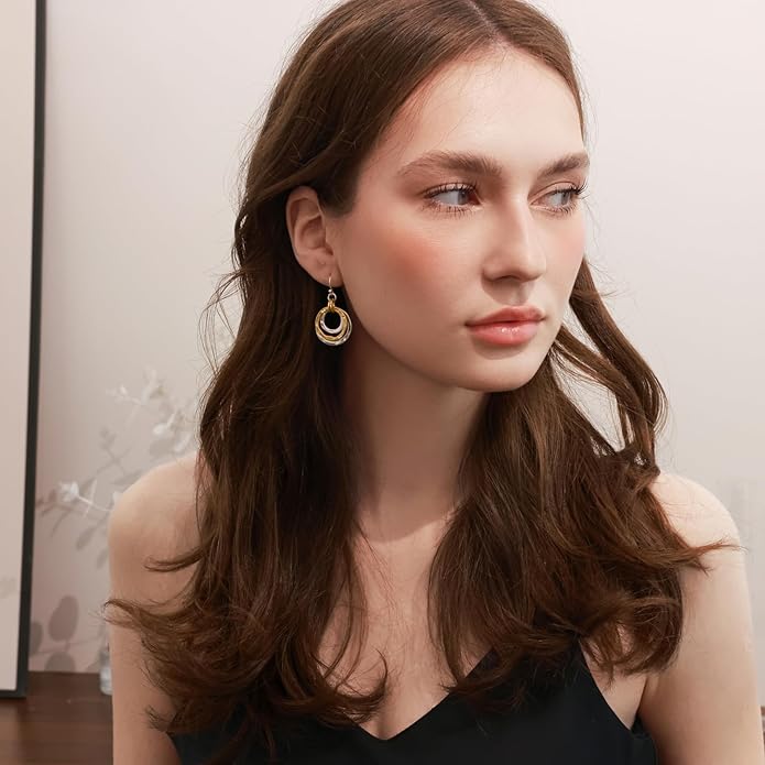 Mixed Metal Earrings, Round Circle Hoop Two Tone Dangle Earrings, Vintage Gold and Silver Geometric Earrings, Handmade Boho Earrings for Women