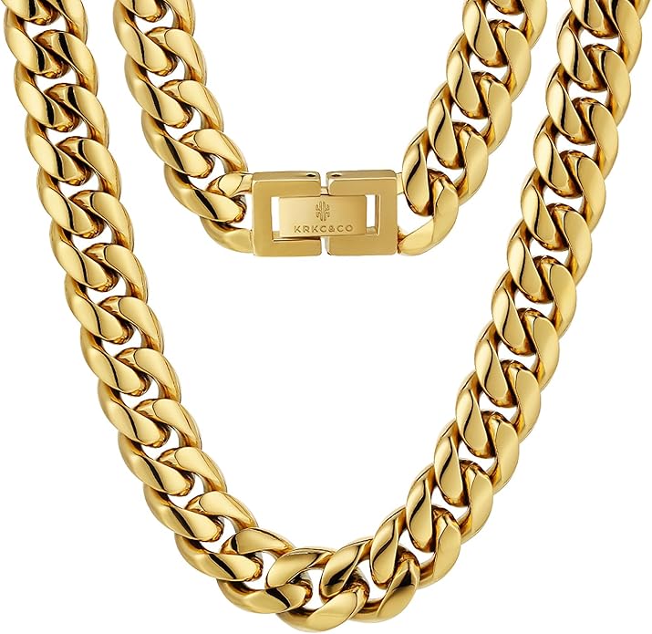 KRKC&CO Cuban Link Chain for Men 8/10/12/14mm, Brithday Gift for Men, 18k Gold Miami Necklace, Durable, Anti-Allergies Hip Hop Jewelry for Mens