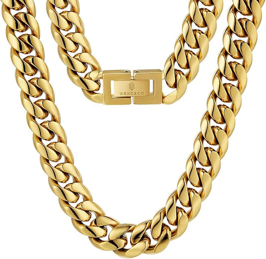 KRKC&CO Cuban Link Chain for Men 8/10/12/14mm, Brithday Gift for Men, 18k Gold Miami Necklace, Durable, Anti-Allergies Hip Hop Jewelry for Mens