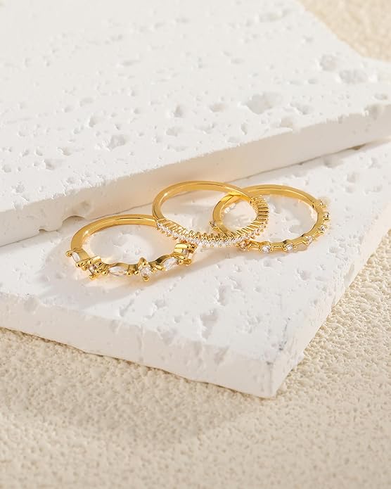 FUNEIA Stackable Silver Gold Rings for Women Non Tarnish 14K Gold Plated Thumb Cubic Zirconia Rings for Women Dainty Pinky Promise Wedding Ring Set Women's Engagement Eternity Band Rings Gold Jewelry