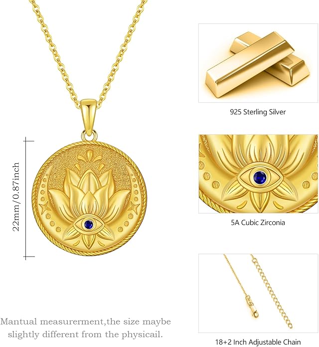 Evil Eye Necklace for Women 925 Sterling Silver, Protection Necklace with Blue Evil Eye Charm, Evil Eye/Lotus Pendant Jewelry, Birthday Christmas Gifts for Her