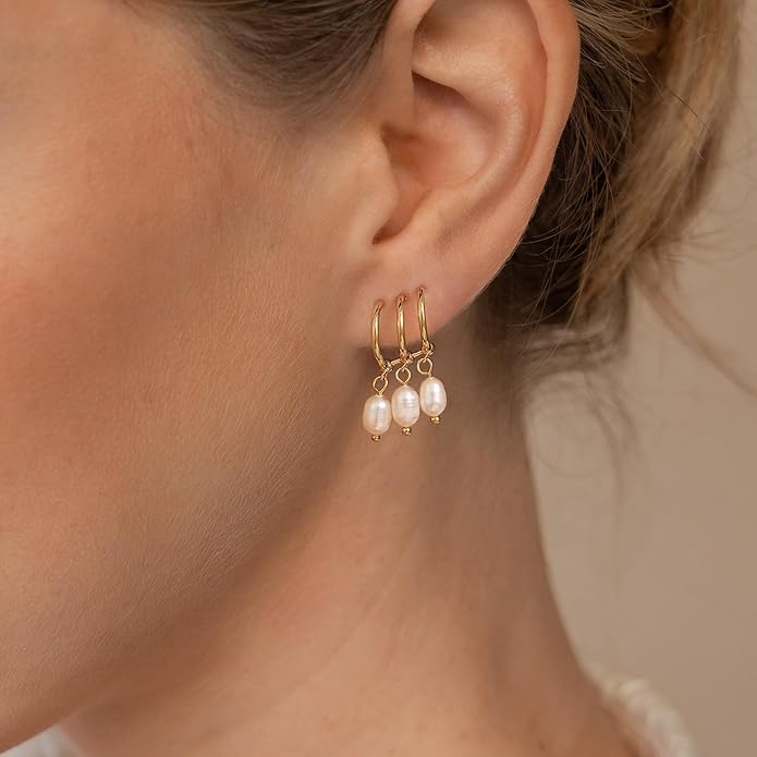 14K Gold Plated Pearl Dangle Earrings for Women, Small Pearl Drop Huggie Hoop Earrings, Hypoallergenic Dainty Gold Wedding Earrings Jewelry Gifts for Women Trendy