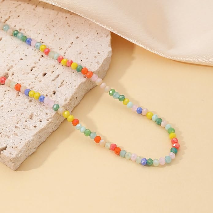 JSJOY Tiny Crystal Beaded Choker Necklaces for Women Colorful Beaded Necklace Dainty Choker Necklaces Simple Boho Jewelry Gifts for Teens Handmade Bead Necklaces Gifts