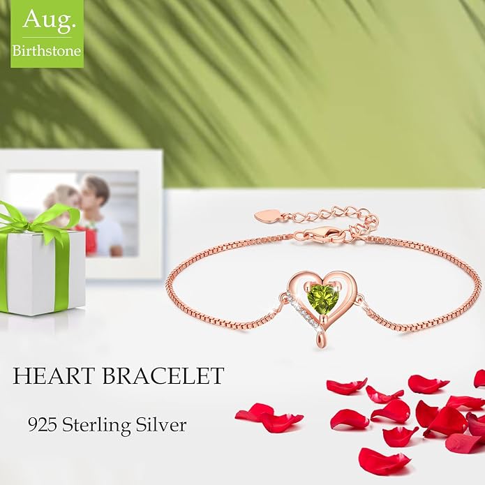LAVUMO Love Heart Bracelets for Women 925 Silver Charm Birthstone Bracelet Adjustable Anniversary Birthday Jewelry Gifts for Women Girlfriend Wife Daughter Mom Her