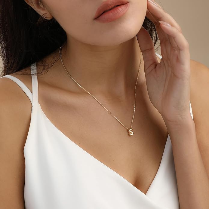 Bubble Gold Letter Necklace for Women, 14k Gold Plated Balloon Initial Necklace, Dainty Gold Necklace for Women, Personalized Bubble Pendant Name Necklace, Fashion Accessories Trendy Jewelry
