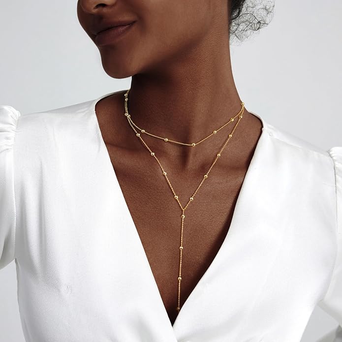 Zeffy Lariat Gold Necklace for Women, Dainty Long Necklace 14k Gold/Silver Plated Layered CZ Beaded Bar Chain Y-Shaped Body Chain Stack Drop Wedding Necklace Trendy Simple Gold Jewelry Gifts