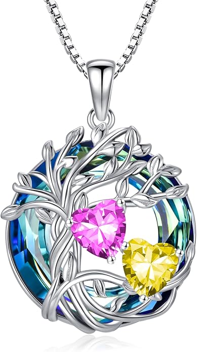 TOUPOP s925 Sterling Silver Family Celtic Tree of Life Pendant Necklaces with 2 Heart Birthstone with Blue Austrian Crystal Jewelry Birthday Anniversary Christmas Gifts for Her Wife Girlfriend Mom (18K Real White Gold Filled)