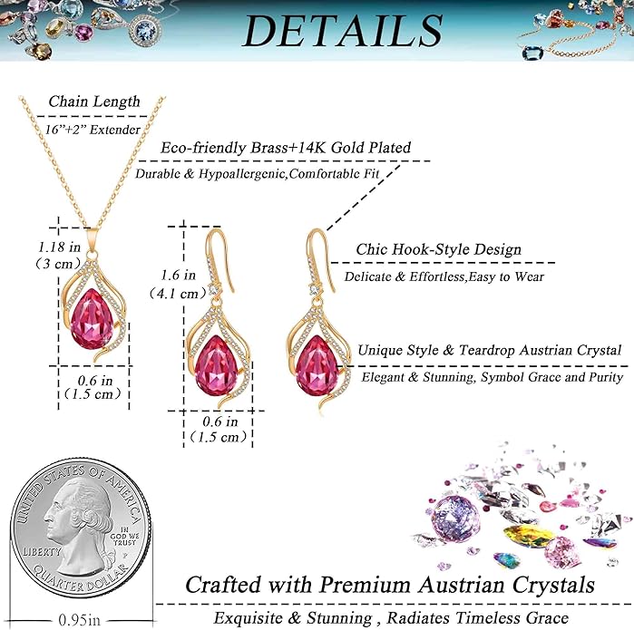 EVEVIC Austrian Crystals Teardrop Hollow Twisted Pendant Necklace Earrings for Women 14K Gold Plated Halo Drop Dangle Earrings Hypoallergenic Jewelry Set