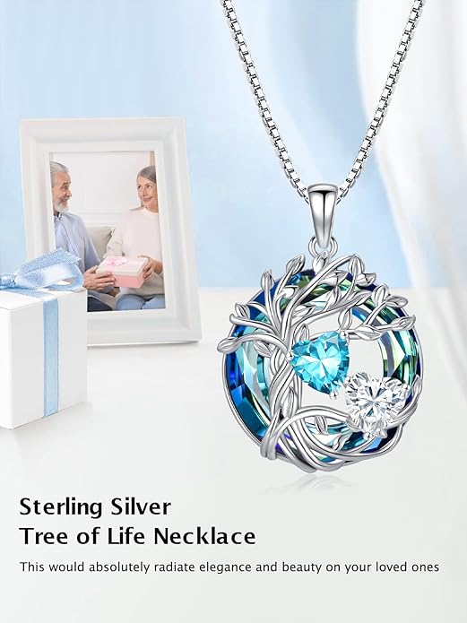 TOUPOP s925 Sterling Silver Family Celtic Tree of Life Pendant Necklaces with 2 Heart Birthstone with Blue Austrian Crystal Jewelry Birthday Anniversary Christmas Gifts for Her Wife Girlfriend Mom (18K Real White Gold Filled)
