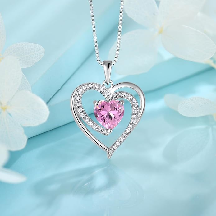 FJ Love Heart Necklace for Women 925 Sterling Silver Birthstone Pendant Anniversary Birthday Jewelry