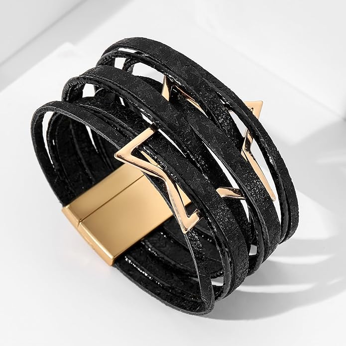 Fesciory Leopard Bracelet for Women, Boho Leather Wrap Multi-Layer Pearl Crystal Bracelet Bangle Jewelry