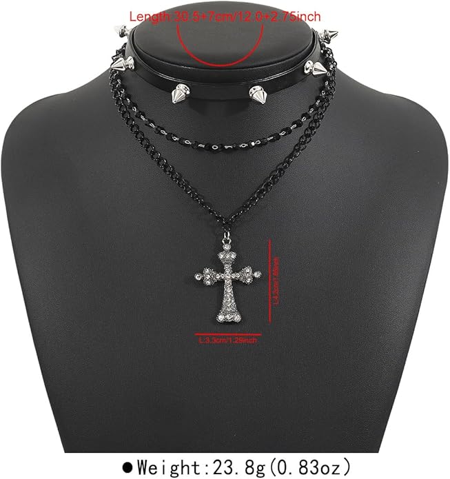 Gothic Layered Necklace for Women Men Punk Leather Spike Studded Choker Collar Necklace Vintage Crystal Cross Pendant Necklace Goth Black Crystal Choker Necklace Halloween Party Jewelry