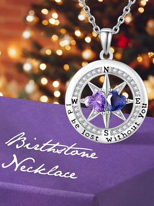 Compass Birthstones Necklace for Women, Exquisite Anniversary Birthday Gifts for Wife Her Double Birthstone Pendant jewelry ‘I'd be Lost Without You’