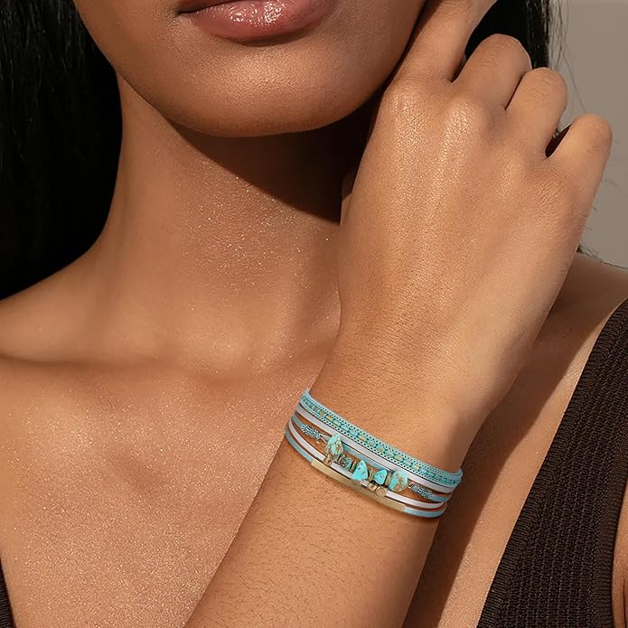 Fesciory Leather Wrap Bracelets for Women, Boho Leopard Multi-Layer Crystal Beads Cuff Bracelet Jewelry