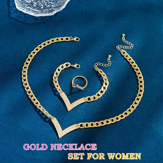 Dmaiy Gold Rhinestones Necklace Set Punk Crystal Bracelet Sets Geometric V-shape Necklace Bridal Ring Set for Women