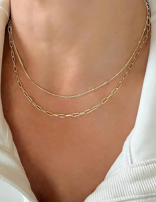 AILPIWE Layered Gold Necklaces for Women, 18K Gold Plated Dainty Paperclip Box Cuban Satellite Chain Necklace Set, Simple Gold Necklace Stack for Women