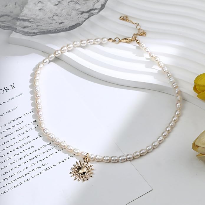 wgoud Natural Freshwater Pearl Choker Necklace for Women, Trendy 14K Gold Plated Pearl Necklaces Handmade Jewelry Gift