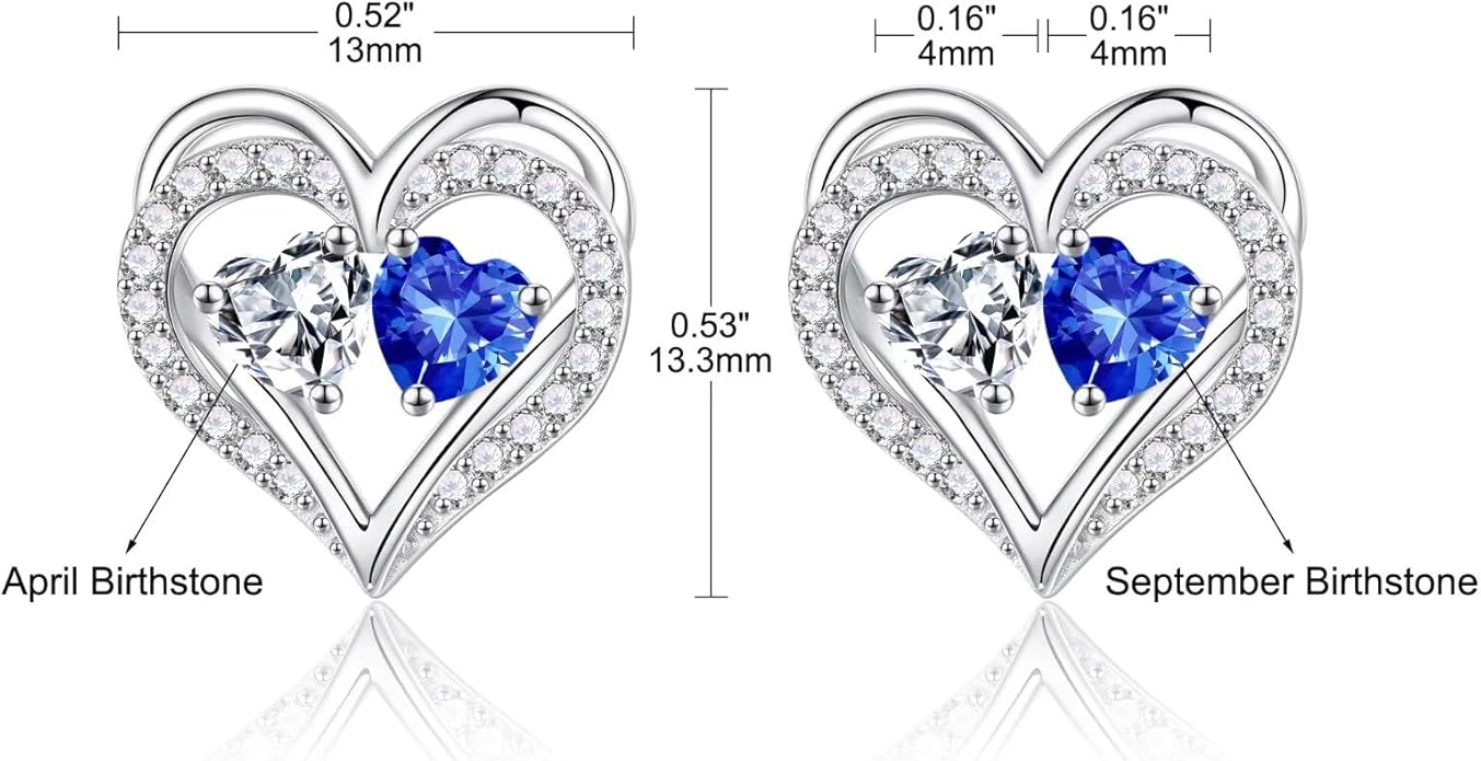 Iefil Birthstone Earrings for Women - 925 Sterling Silver Heart Earrings Anniversary Birthday Gifts for Women Wife Girlfriend Mom