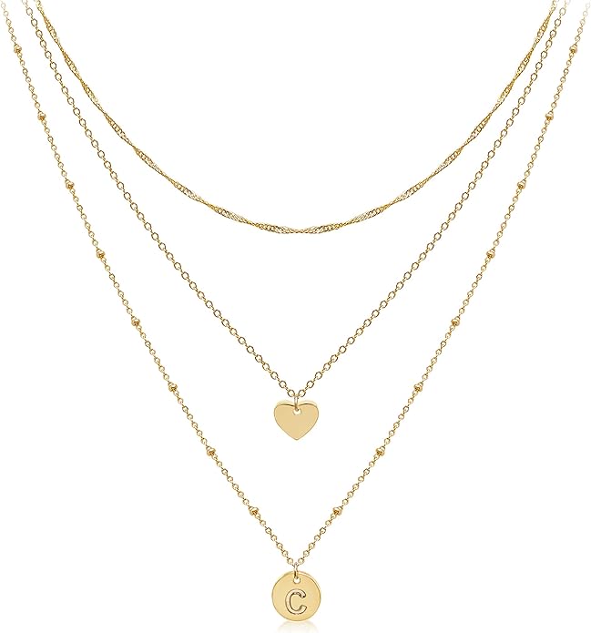 Aisansty Dainty Layered Initial Choker Necklaces Handmade 14K Gold Plated Tiny Heart Personalized Letter Disc Pendant Adjustable Chain Layering Gold Necklaces for Women Gift Jewelry