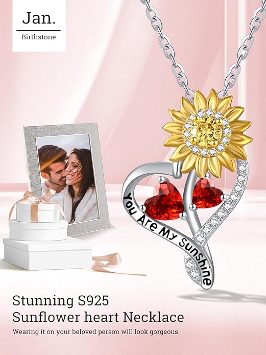 Zeuslia Double Birthstone Necklace Gifts for Wife - 925 Sterling Silver Sunflower/Rose/Crown Cross/Compass/Heart Pendant I Love You Necklace, Anniversary Birthday Gifts for Wife Girlfriend Mom Her