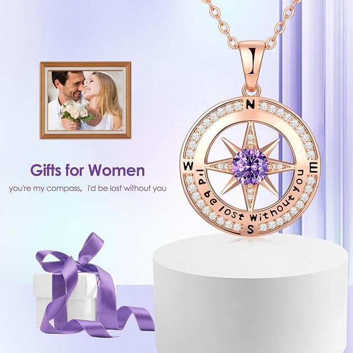 Zifeel Compass Necklace Gifts for Women wife - S925 Sterling Silver Birthstone Necklaces for Women - Anniversary Birthday Gifts for Her Wife Girlfriend - Valentines Mom Mothers Day Christmas Gifts Jewelry for Women
