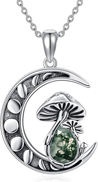 YAFEINI Mushroom Necklace Moonstone/Moss Agate/Malachite/Labradorite/Turquoise/Amber/Larimar/Black Onyx/Lapis Lazuli/Peridot/Opal Sterling Silver Mushroom Pendant Mother's Day Jewelry for Women Mom
