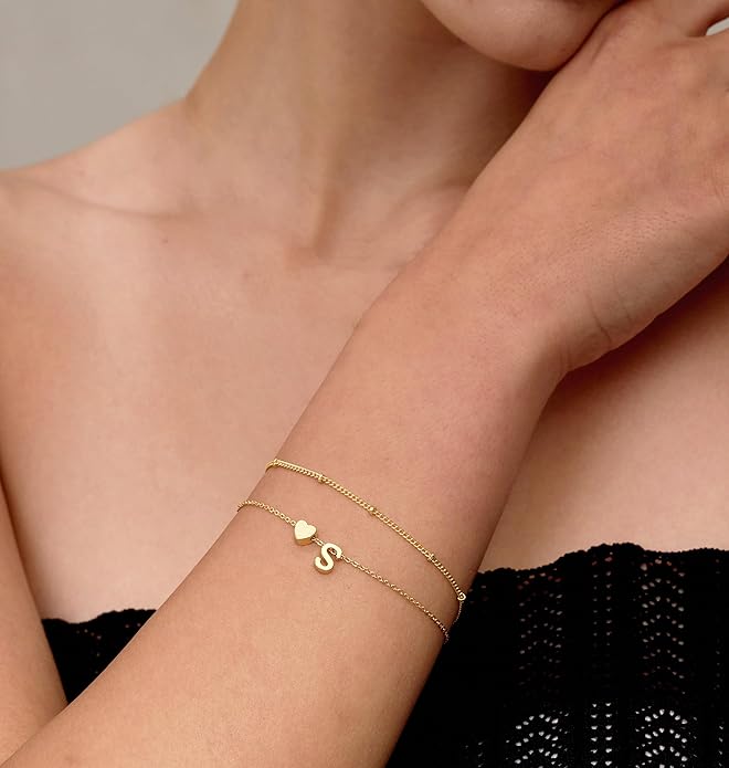 DEARMAY Dainty Initial Heart 14K Gold Plated Bracelets for Women Trendy, Letter Charm Bracelet Jewelry Cute Simple Fashion Chain Gift