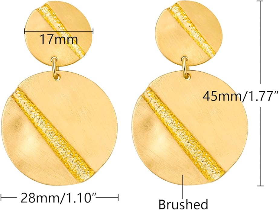 Stud Earrings for Women 14k Gold Plated Geometric Dangle Earrings Lightweight Minimalist Handmade Hammered Texture Oval Disc Drop Double-layer Big Hoop Dangle Earrings for Women