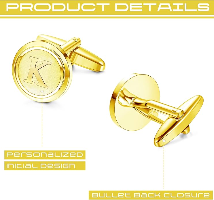 LOYALLOOK Initial Gold Cufflinks for Men Gold Cuff Links Personalized Copper CuffLinks Letter Cufflinks Gift for Groom Husband Father