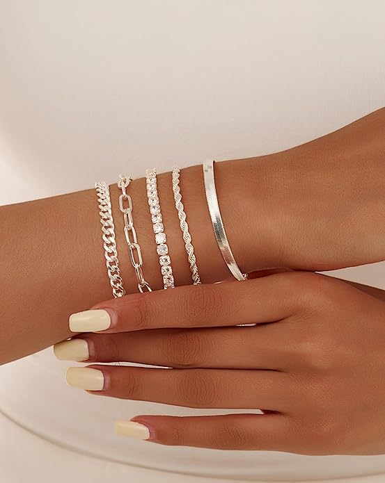 Gold Bracelets for Women 14K Gold Plated Stack Trend Bracelets Charm Paperclip Chain Cuban Link Layered Waterproof Bracelet Dainty Bracelet for Women Jewelry Gifts