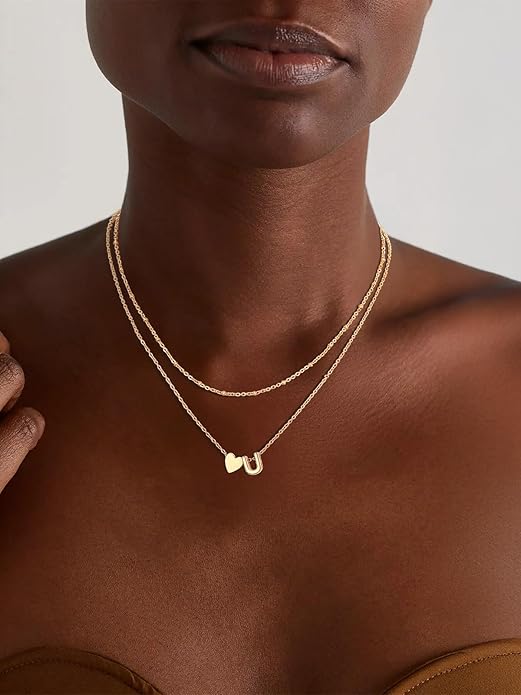 FOCALOOK Layered Initial Necklace for Women, 14K Gold Plated Choker Necklaces Stacks with Initial A-Z, Dainty Silver Heart Pendant Necklace Personalized Birthday Women Jewelry
