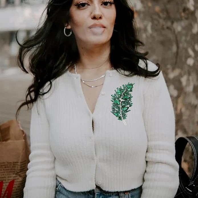 Rhinestone Leaf Brooches for Women Men,Vintage Plant Leaf Lapel Pins Sparkling Crystal Feather Brooch Collar Pins Clothing Bags Hats Christmas Birthday Jewelry