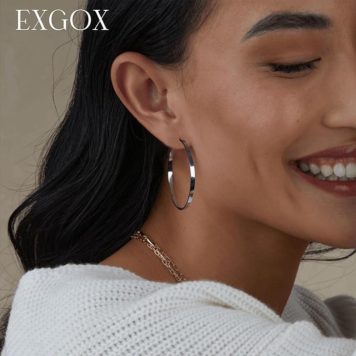 EXGOX Silver Hoop Earrings for Women - Sterling Silver & 14K Gold Plated - Hypoallergenic 925 Silver - Big Hoop Earrings (30/40/50/60/70mm)