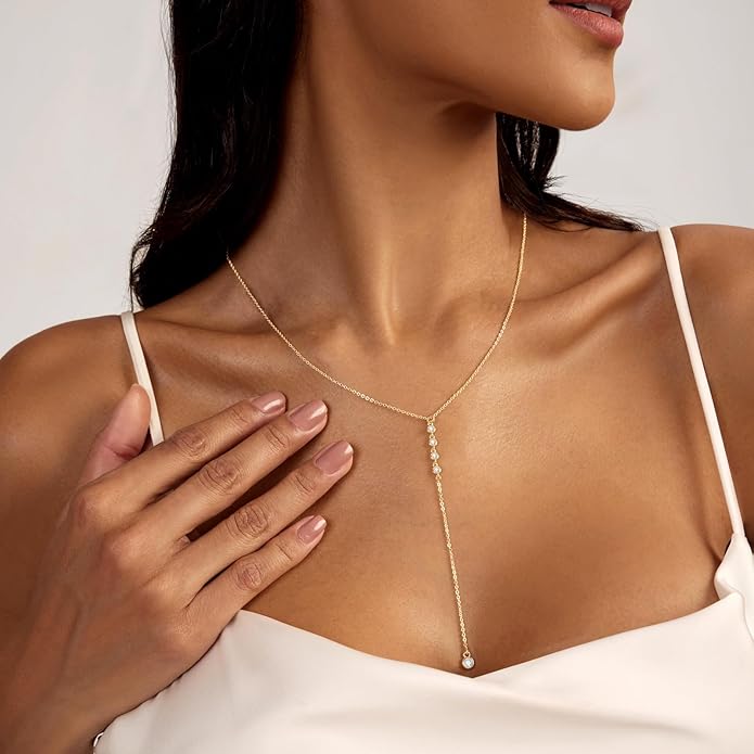 Lariat Gold Necklace for Women Trendy Dainty 14k Gold Plated/Silver Layered Chain Drop Necklaces Y-Shaped Necklace Jewelry for Women Gifts