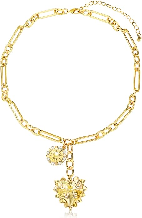 Chunky Gold Necklace for Women, 18K Waterproof Heart Necklace Statement Necklace Gold Charm Necklace Chunky Jewelry Paperclip Chain Choker Gift for Women