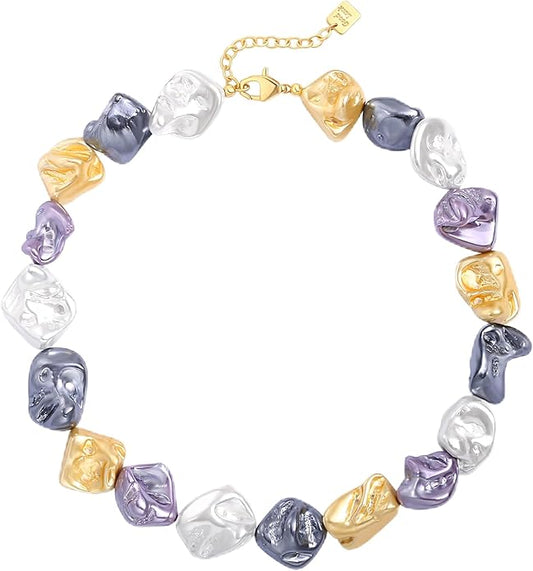 Chunky Statement Stone Beaded Necklace, Big Baroque Pearl Gold Choker, Trendy Boho Colorful Stone Jewelry