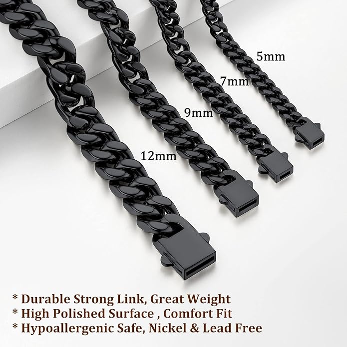 Bestyle Thick Mens Cuban Link Chain Bracelets, Durable Real 18K Gold/Black Metal Plated Solid Stainless Steel Hand Chain Cuban Bracelets for Men, Silver Black Gold Bracelets for Father Husband