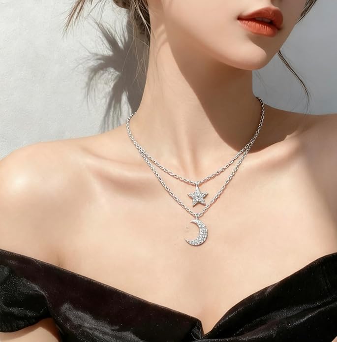 Layered Sliver Necklaces for Women - Dainty Sliver Plated Moon Star Pendant Choker, Adjustable Stackable Dainty Chain Jewelry Set,Trendy Jewelry Gift