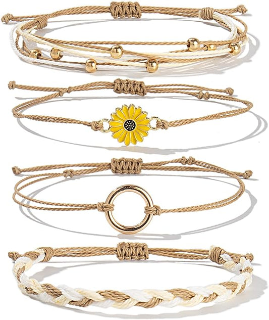 FANCY SHINY Sunflower String Bracelet Boho Braided Rope Wrap Bracelets Cute Summer Beach Surfer Jewelry for Women