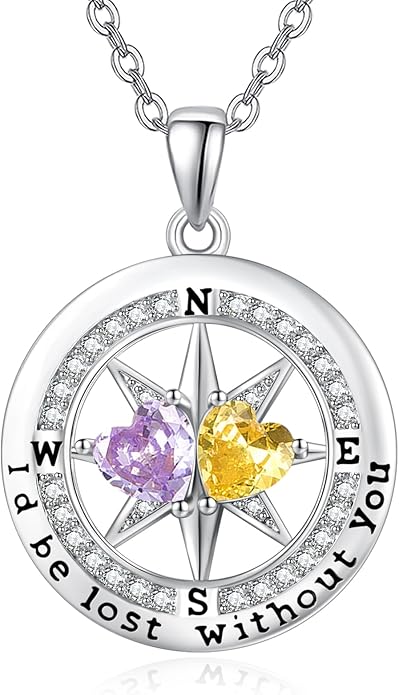 JIYVY32 Compass Birthstones Necklace for Women, Exquisite S925 Necklace Anniversary Birthday Gifts for Wife Her Double Birthstone Pendant jewelry ‘I'd be Lost Without You’