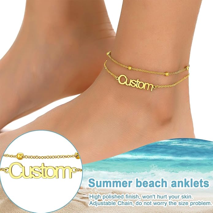 U7 Custom Layered Ankle Bracelets for Women Stainless Steel Bead/Cuban/Figaro/Rope/Wheat Chain Anklet Waterproof Anklet Jewelry for Beach Vacation
